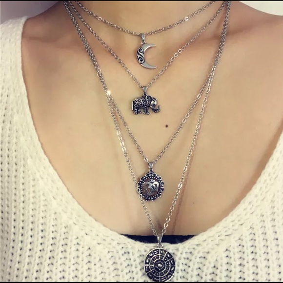 Boho 4-Strand Elephant Moon Pendant Necklace 3D - Picture 6 of 8